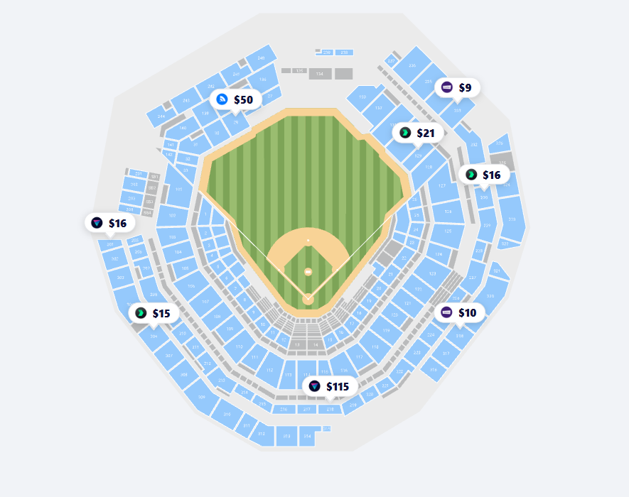 Seat map showing price comparisons from multiple ticket marketplaces